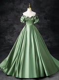 Satin schulterfreies langes Partykleid A-Linie Grünes Ballkleid Quinceañera-Kleid