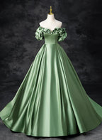 Satin schulterfreies langes Partykleid A-Linie Grünes Ballkleid Quinceañera-Kleid