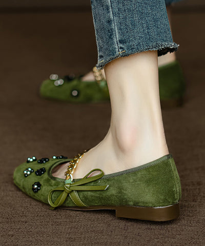 Zapatos planos con lazo y cuentas para mujer de ante negro 
