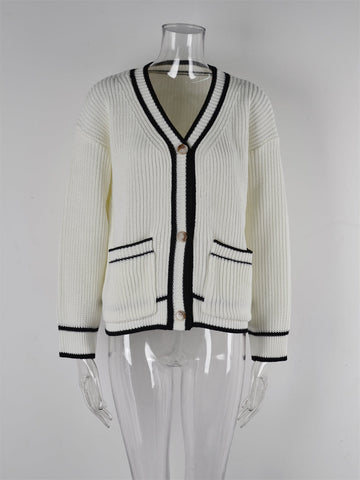 Abrigo tipo suéter con cuello en V y bolsillos a juego de colores para mujer, talla grande 
