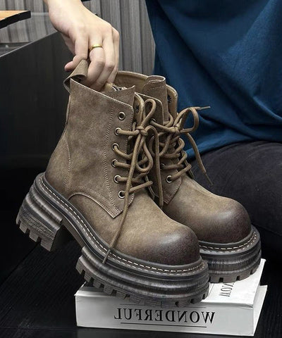 Khakifarbene, klobige Schnürstiefel aus Kunstleder mit neuem Splicing-Design 