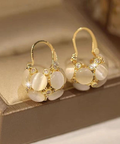 Pendientes de aro con forma de cesta de flores y piedra de ojo de gato sobredorada en plata de ley dorada para mujer 