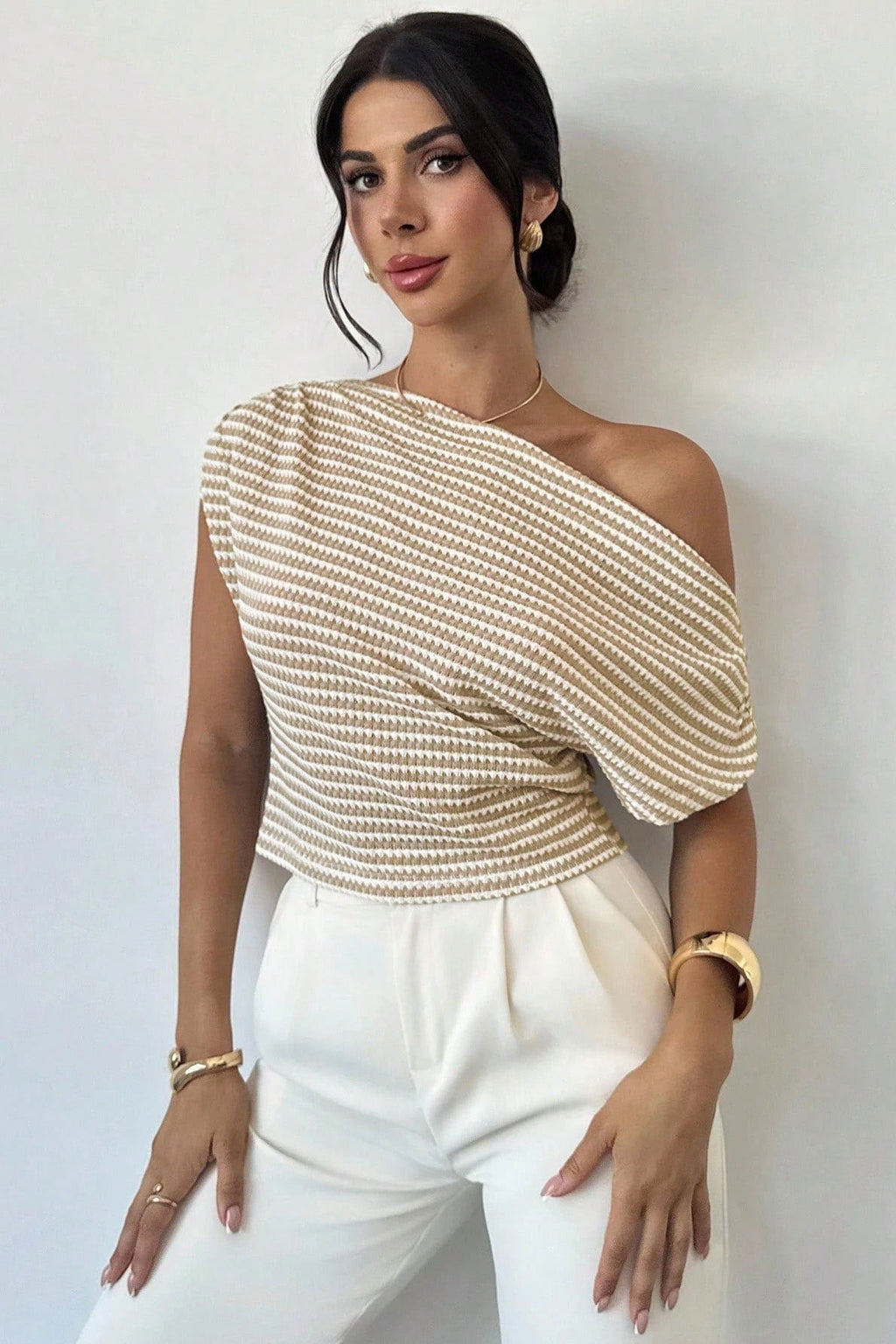 Chic Cold Shoulder Stripe Short Sleeve Knit Blouse