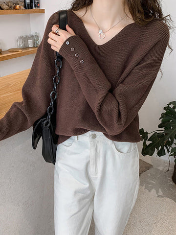 Suéter informal holgado de manga larga con cuello en V y color liso 