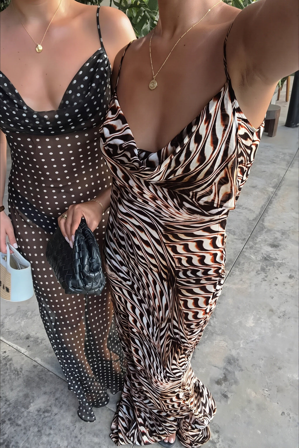 Sheer Mesh Cowl Neck Slip Strap Maxi Dress