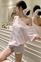 Letter Print Pink Off‑Shoulder T‑shirt