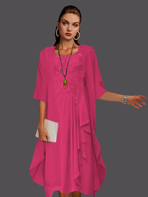 Zweiteiliges, ärmelloses A-Linien-Kleid aus Chiffonspitze mit Faltenapplikationen 