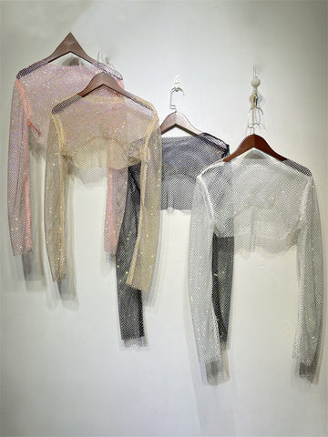 Tops cortos con cristales brillantes de Tossy para mujer, de rejilla transparente, con aberturas, para noche, club nocturno, ropa de fiesta de lujo 