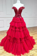 Prinzessinnen-Abendkleid in A-Linie, schulterfrei, lila, lang, mit Rüschen
