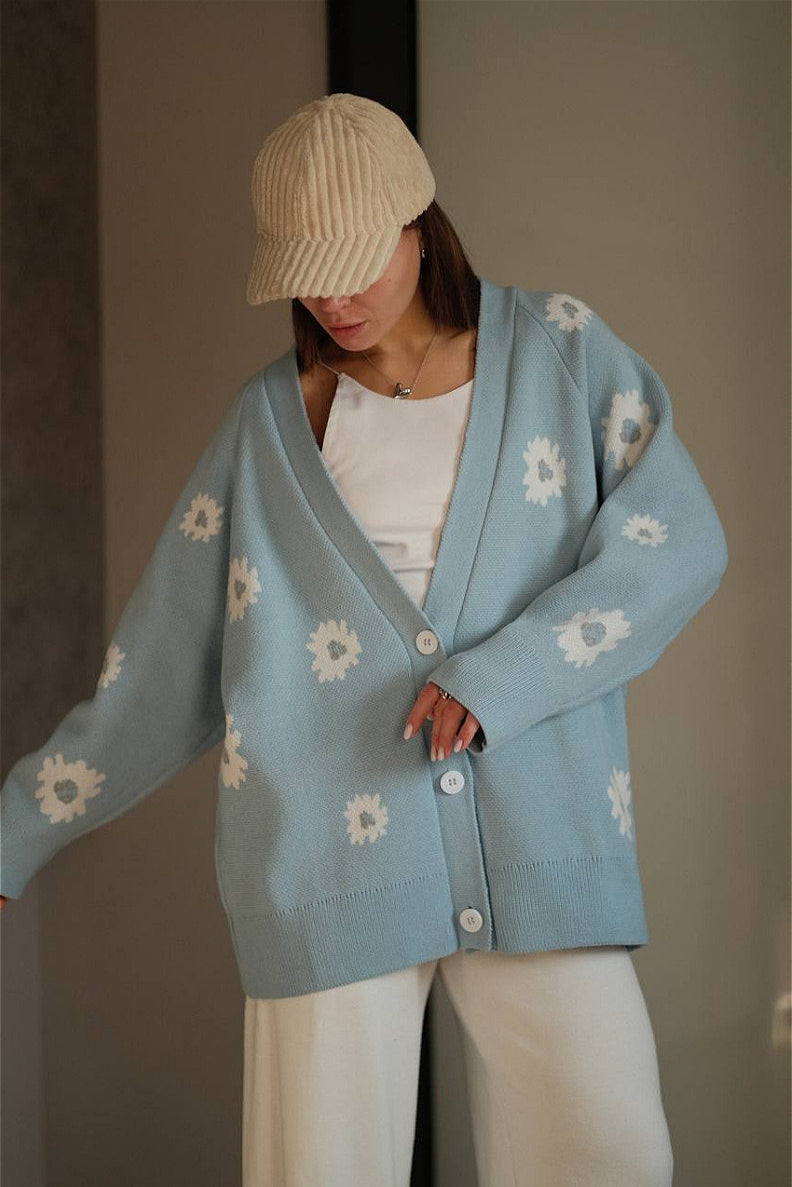 Fuzzy Daisy Jacquard Loose V-Neck Cardigan