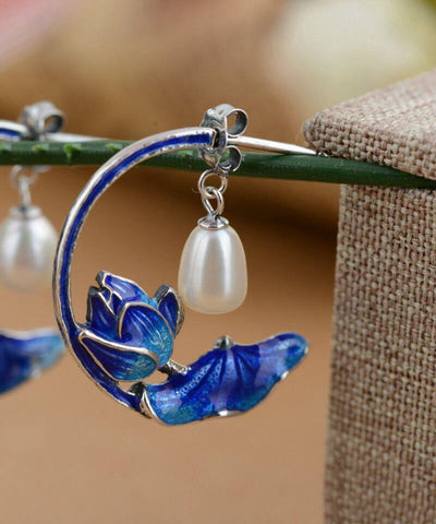 Pendientes de aro de plata de ley azul con incrustaciones de cloisonné y perla de loto para mujer 