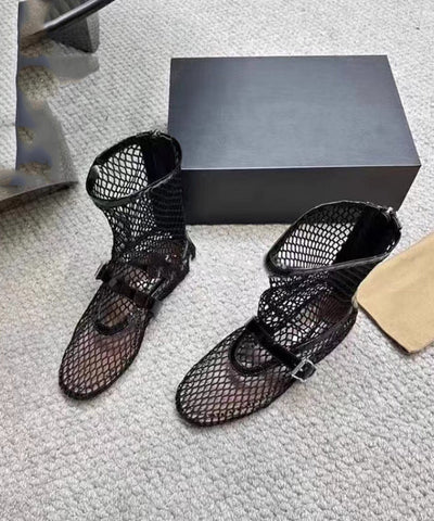 Boho Schwarze, ausgehöhlte, atmungsaktive Mesh-Stiefel mit Schnallenriemen 