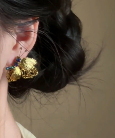 Chinese Style Gold Alloy Butterfly Beading Stud Earrings