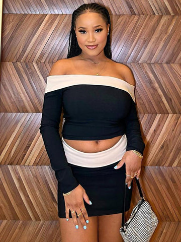 TARUXY Splice Slim Kleid Anzüge Für Frauen Bodycon Off The Shoulders Crop Tops Hot Girls Elegante Mini Rock 2 Stück Sets Outfits 