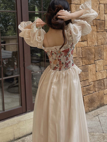 French Vintage Midi Dress Women Floral Patchwork Puff Sleeve Ruffles A-line Autumn Spring Evening Party Prom Robe Vestidos Mujer