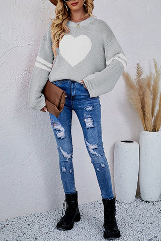 Contrast Color Round Neck Pullover Love Heart Knitted Long Sleeved Sweater