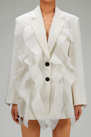 Femininer, plissierter, gerüschter Reverskragen, langärmliger Einreiher-Blazer aus Twill 