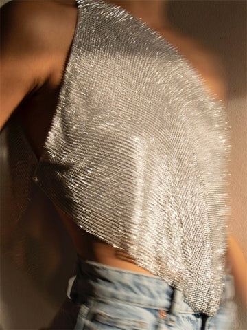 Tossy Glitter Backless Sexy Tank Top – Weibliche Patchwork Off-Shoulder Pailletten Club Party Y2k Sparkle Weste 