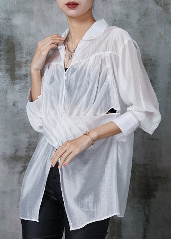 Weißes Leinenhemd Tops Asymmetrisch Seite Offen Sommer 