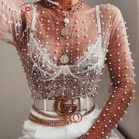 Tossy Luxury Crystal Sexy See Through Long Sleeve T-shirt Lace Night Party Club Cropped Top Lady Fashion Balck Streetwear 2022