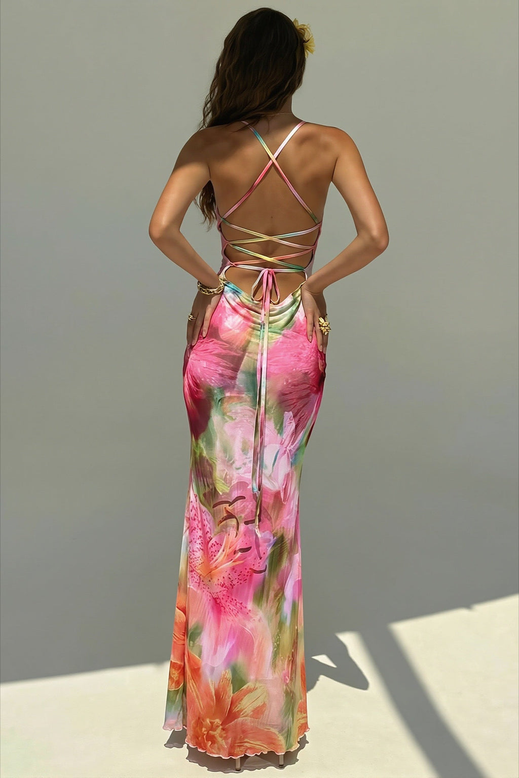 Floral Print Backless Mermaid Hem Cami Vacation Maxi Dress