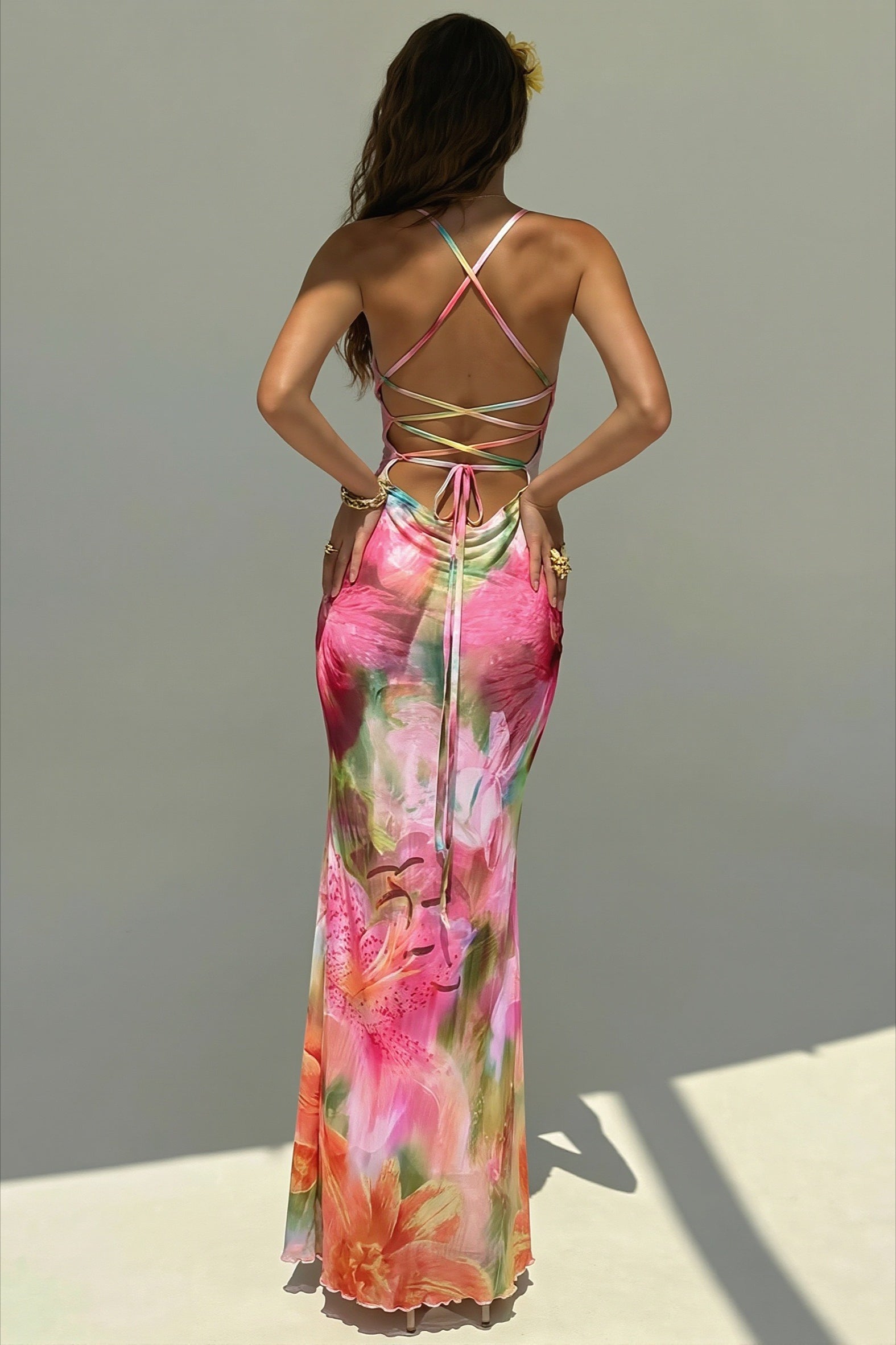 Floral Print Backless Mermaid Hem Cami Vacation Maxi Dress