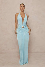Deep V Halter Ruched Metal Trim Backless Maxi Dress