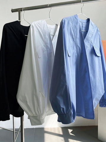 Trendy Fledermausärmel Einfarbige Blusen mit V-Ausschnitt 