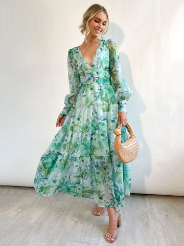 Maxi Dress V-Neck Long Sleeves Bohemian Floral Print Layered Pleated Long Dress