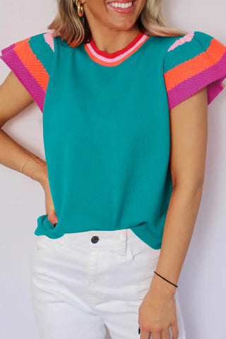 turquoise flutter sleeve knitted sweater