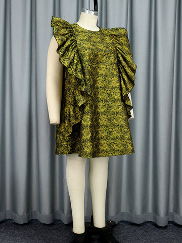 Lockeres Minikleid mit hoher Taille, Blumendruck, Rüschen, Reißverschluss und Rundhalsausschnitt 