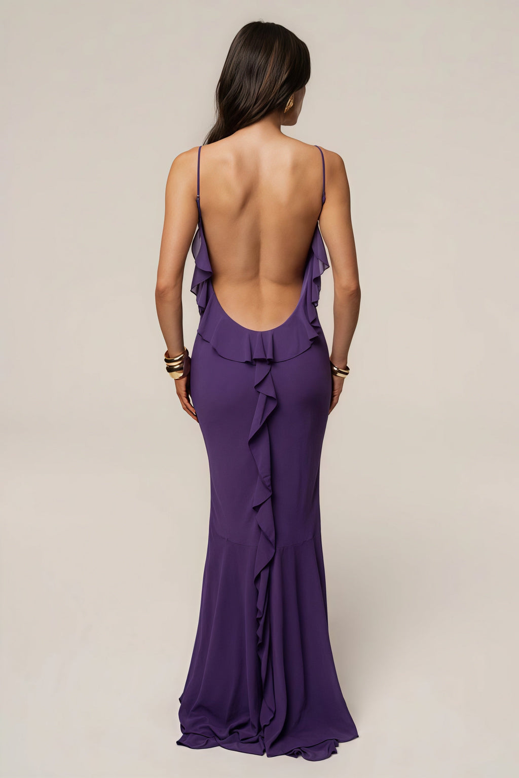 Elegant Open Back Ruffle Panel Maxi Dress