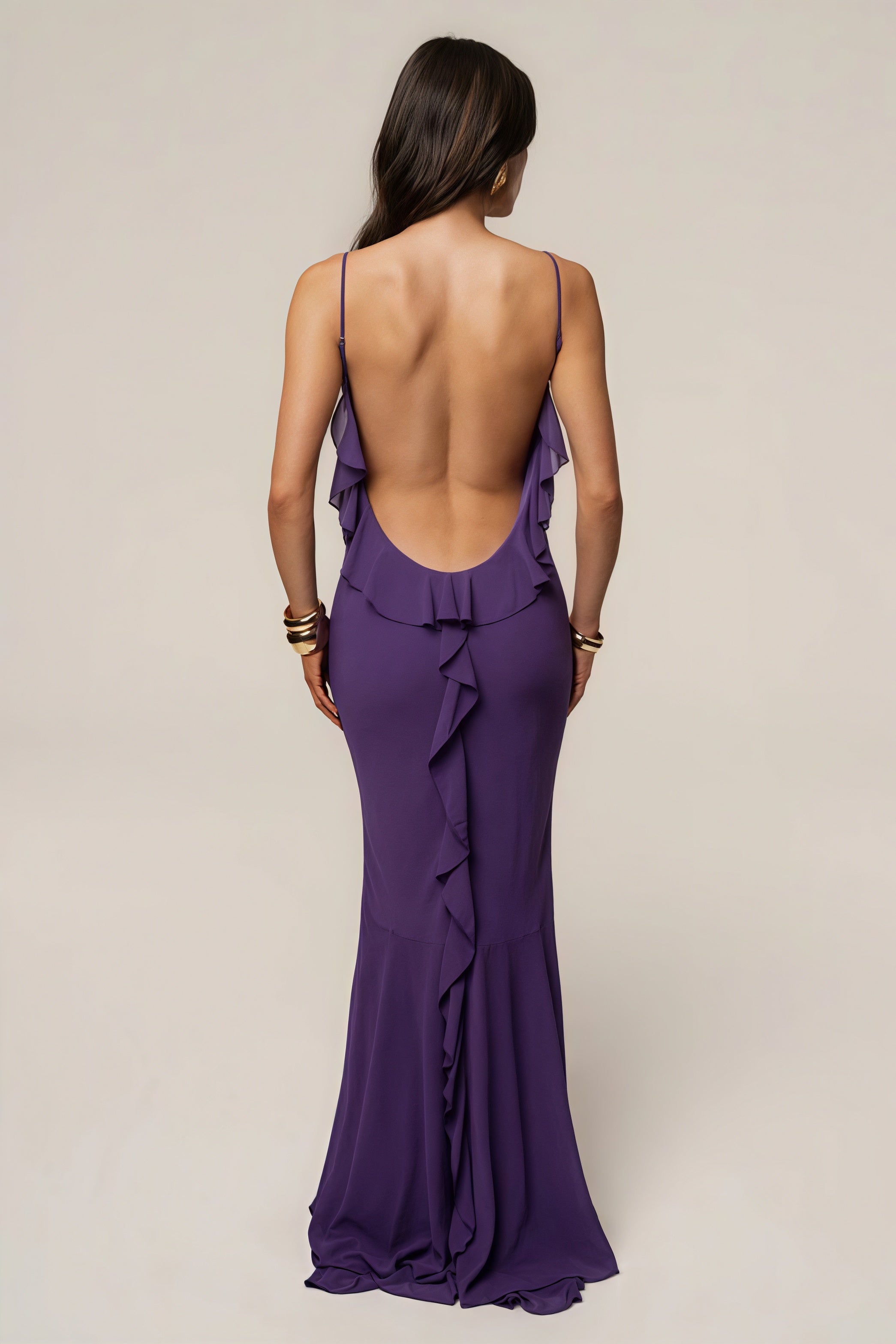 Elegant Open Back Ruffle Panel Maxi Dress