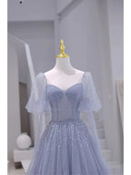Glitzerndes Tüll-Abendkleid mit kurzen Ärmeln, langem Sweetheart-Ausschnitt, A-Linie, Blaues Ballkleid