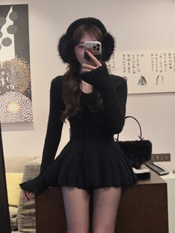 Vestido mini tipo suéter Y2K para mujer, con mangas acampanadas, cuello en V, cordones y cintura alta, liso, corte A, para fiesta de cumpleaños, Otoño e Invierno 