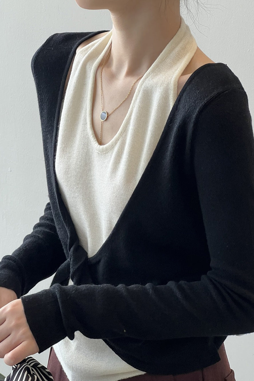 Patchwork Layered Halter Long Sleeve Tee