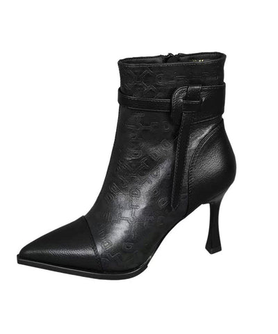 Edle, kaffeefarbene Stiletto-Stiefel mit geprägter, spitzer Zehenpartie 