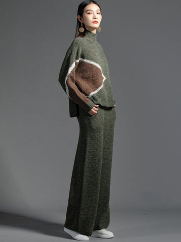 Casual Long Sleeves Loose Contrast Color Jacquard High-Neck Sweater Tops