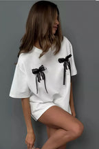 Minimalist Casual 3D Bow Lace Short Sleeve T-shirt