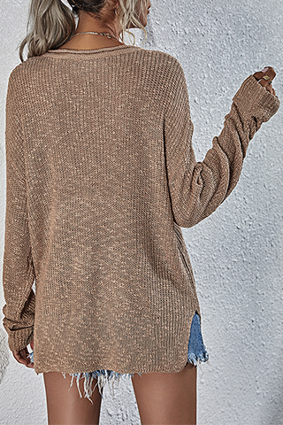 Casual Solid Draw String Basic V Neck Tops Sweater