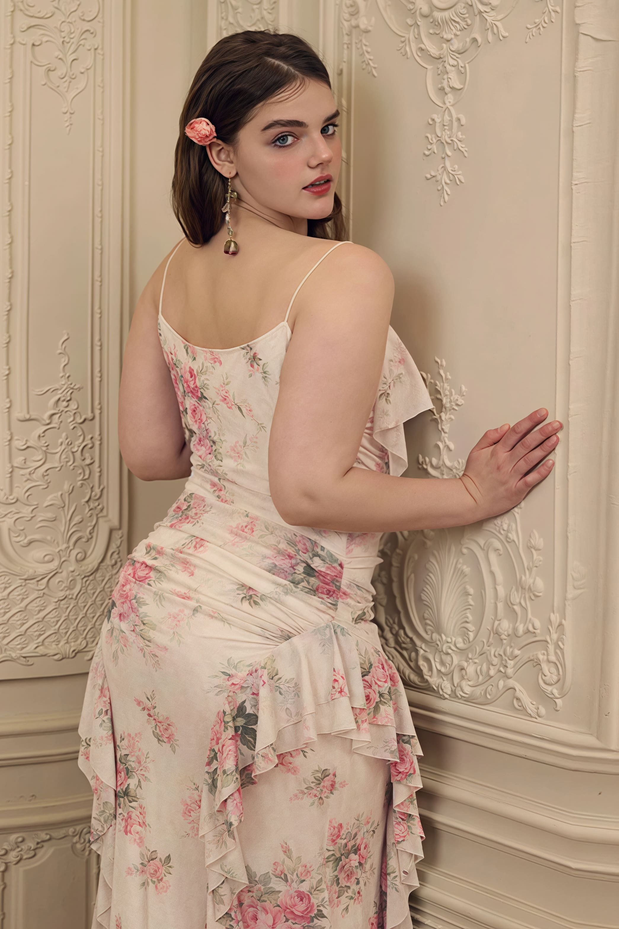Ruffled Floral Asymmetrical Cami Maxi Dress
