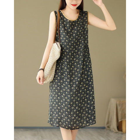 Summer Stylish Casual Sleeveless Linen Floral Dress