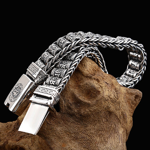 Pulsera de plata de ley con ruedas de oración y mantras budistas 