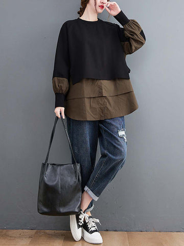 Original Loose Split-Joint Round-Neck Long Sleeves False Two T-Shirt