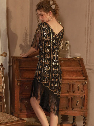 Retro Paillettenkleid V-Ausschnitt Fransen Transparente Ballkleider 