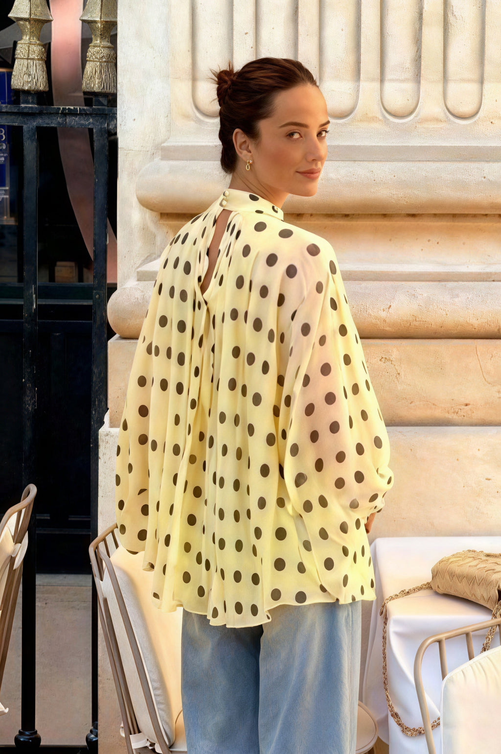 Polka Dot Tie Sheer Lantern Sleeve Blouse