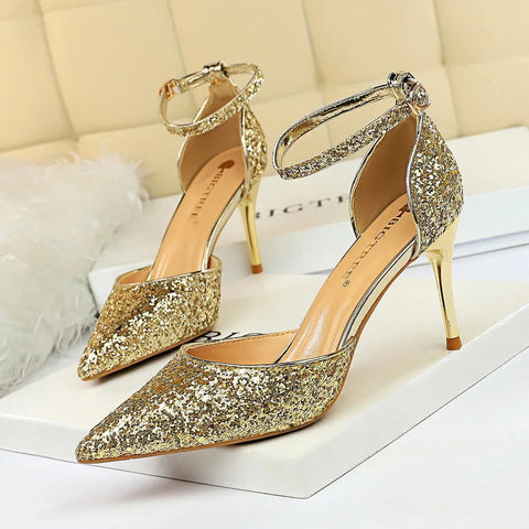 summer new European style stiletto heels shallow mouth pointed head sequins sexy nightclub show thin sandals for women