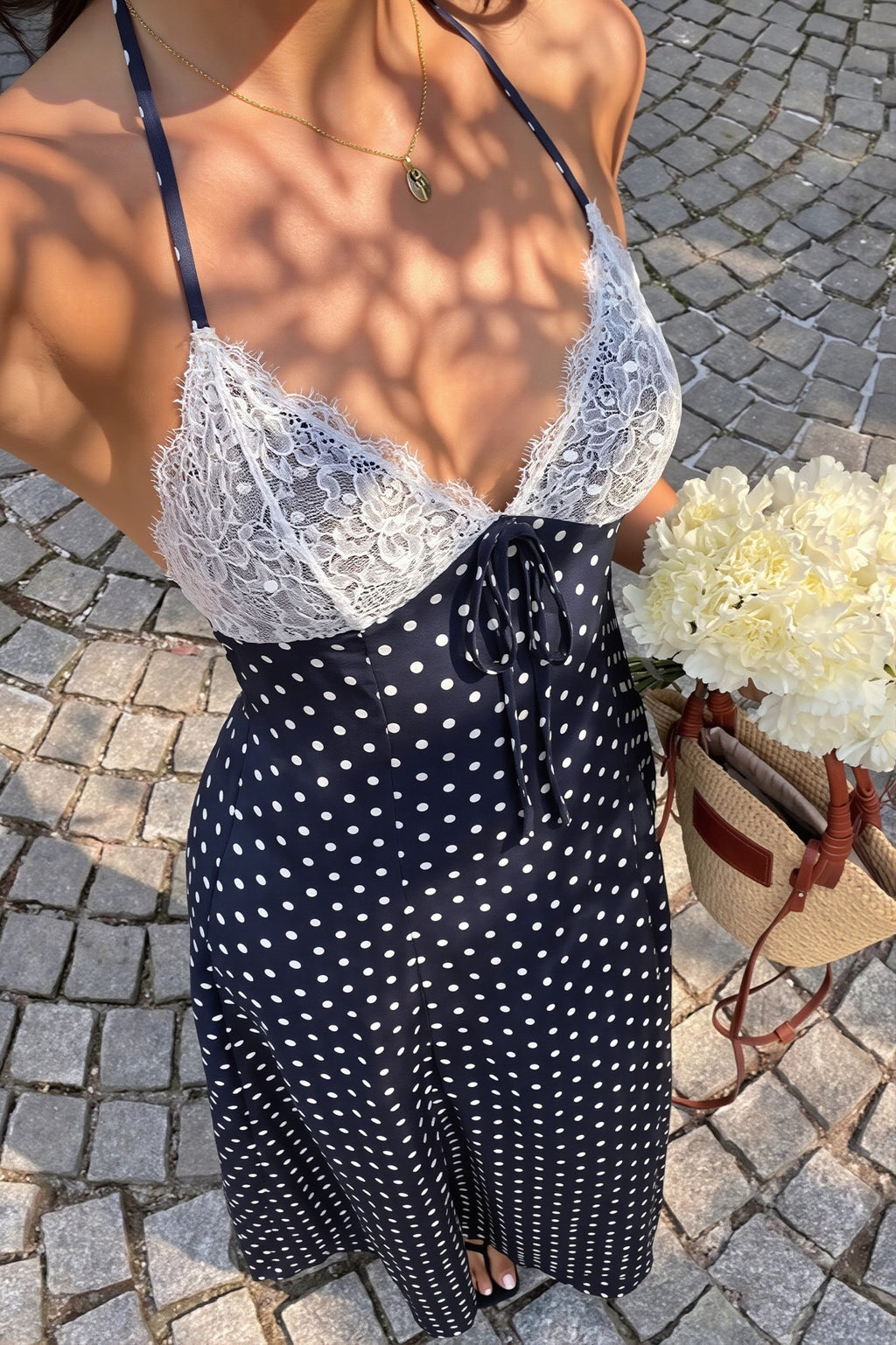 Elegant Polka Dot Halter Lace Spliced Back Tie Slimming Maxi Dress