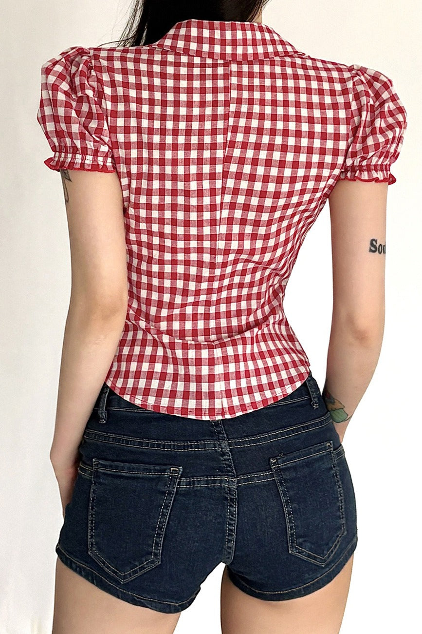 Plaid Ruffle Waist Puff Sleeve Blouse