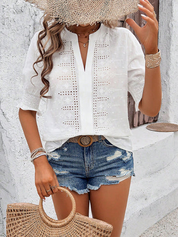 Half Sleeves Loose Elasticity Embroidered Hollow Solid Color V-Neck Blouses&Shirts Tops